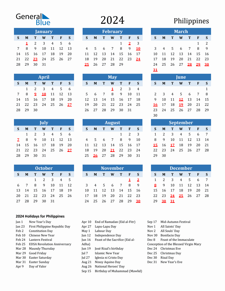 2024 Printable Calendar With Philippines Holidays | Calendar 2024 Philippines Printable