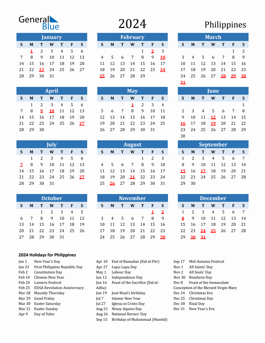 2024 Printable Calendar With Philippines Holidays | Printable Calendar 2024 With Holidays Philippines Free Download