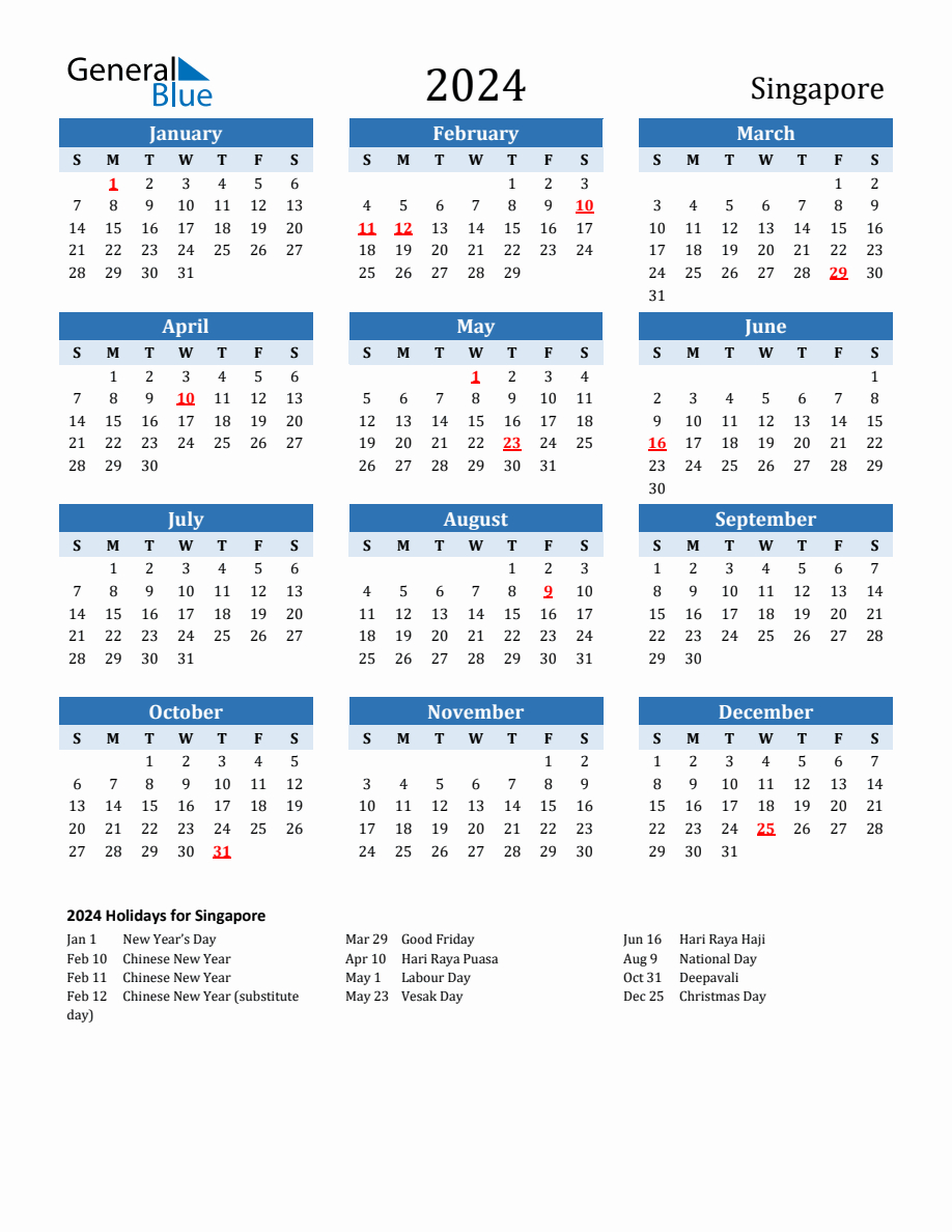 2024 Printable Calendar With Singapore Holidays | Printable Calendar 2024 Singapore Public Holiday