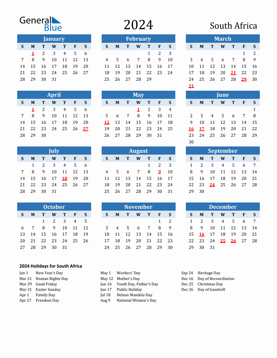 2024 Printable Calendar With South Africa Holidays | Printable Calendar 2024 With Holidays South Africa