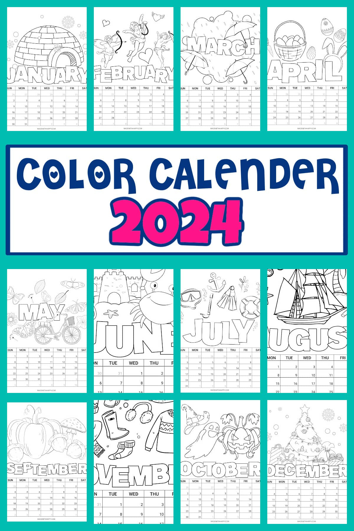 2024 Printable Coloring Calendar For Kids - Made With Happy | 2024 Calendar Printable Colour