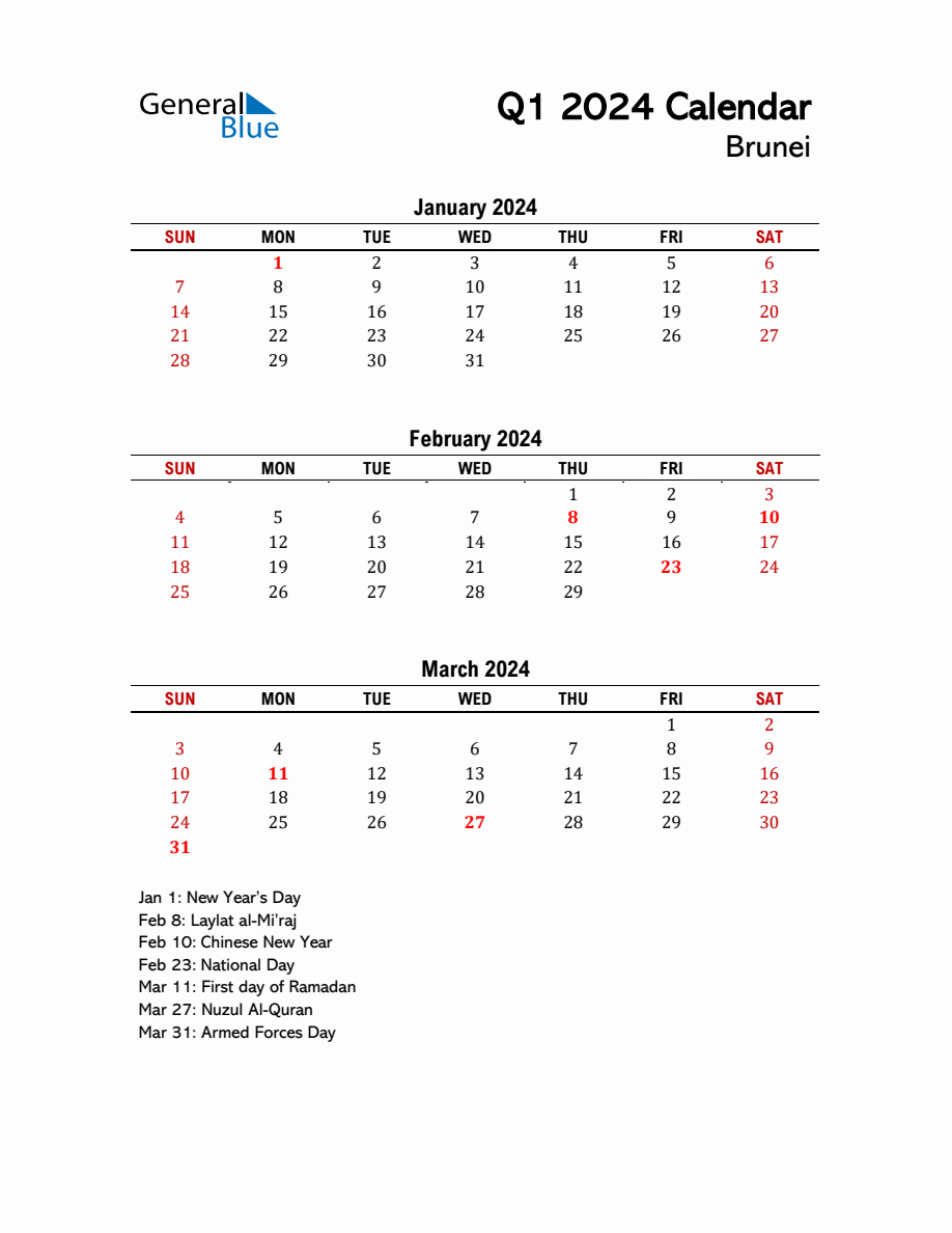 2024 Q1 Calendar With Holidays List For Brunei | Printable Calendar 2024 Brunei