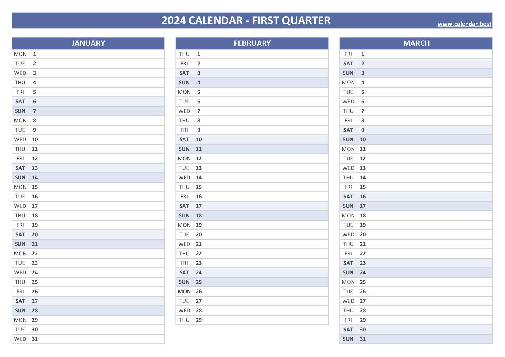 2024 Quarterly Calendar To Print | Quarterly Printable Calendar 2024