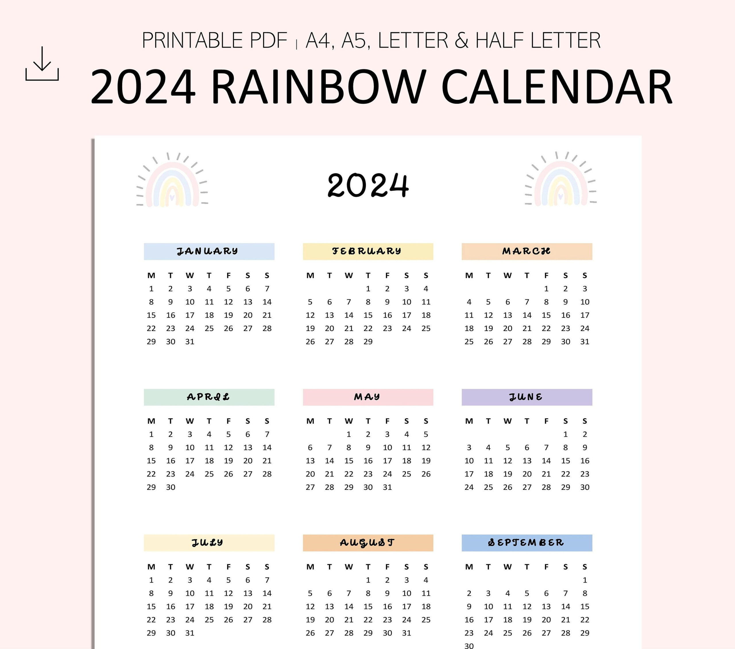 2024 Rainbow Calendar 2024 Printable Calendar 2024 Digital - Etsy | Calendar 2024 Romanesc Printable