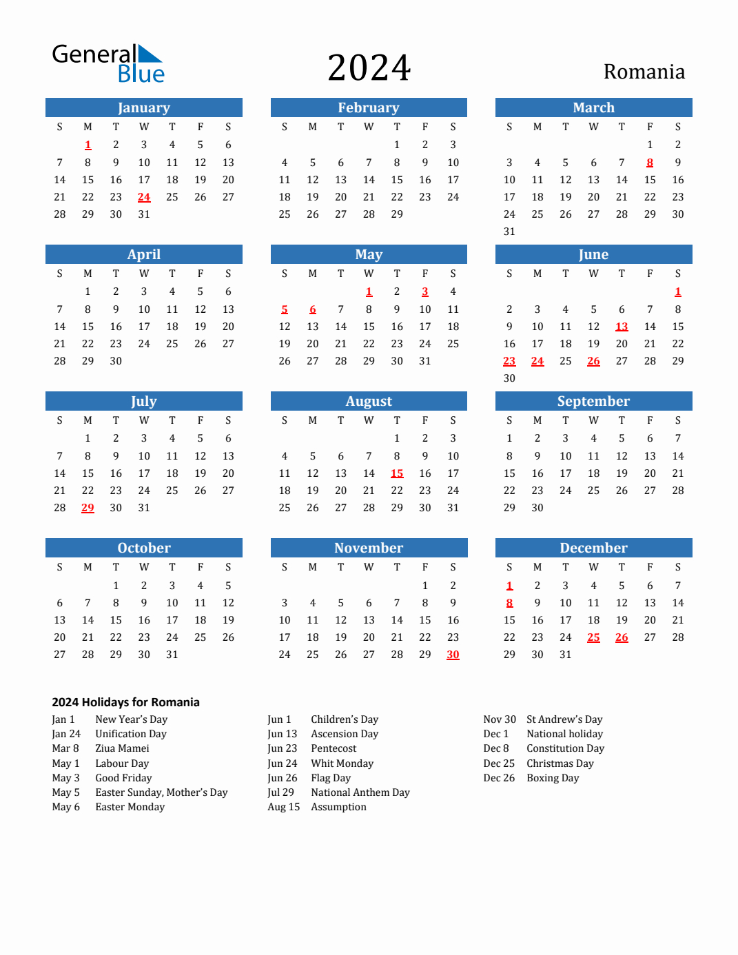 2024 Romania Calendar With Holidays | Calendar 2024 Romanesc Printable