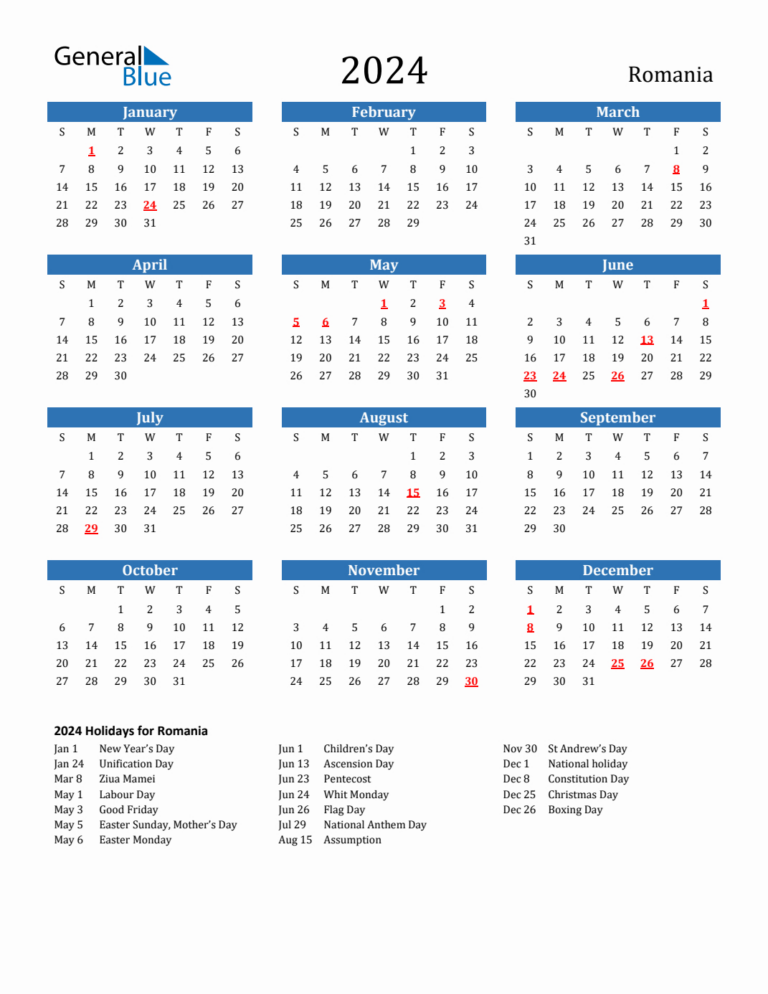 2024 Romania Calendar With Holidays | Printable Calendar 2024 Romanesc PDF