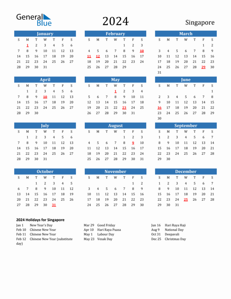 2024 Singapore Calendar With Holidays | 2024 Calendar Singapore Printable Pdf