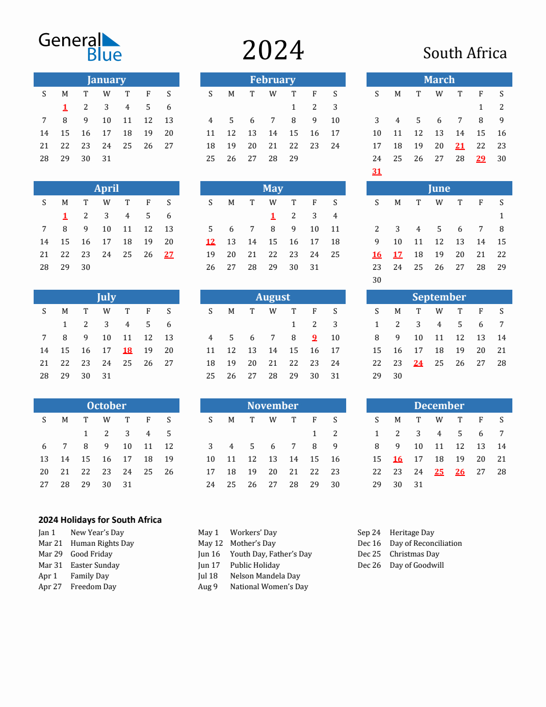 2024 South Africa Calendar With Holidays | Printable Calendar 2024 South Africa Free Download