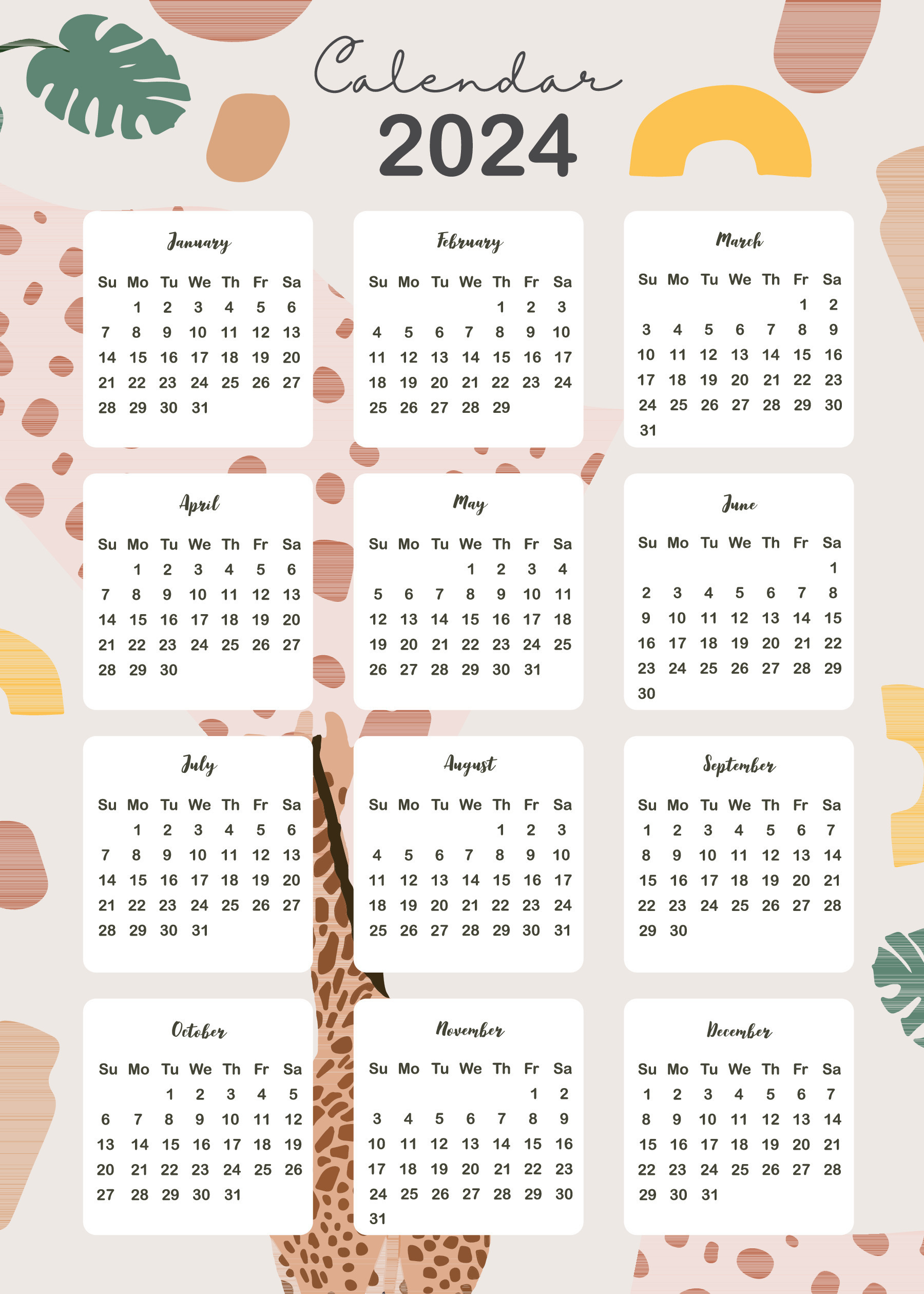 2024 Table Calendar Week Start On Sunday With Boho That Use For | Table Calendar 2024 Printable