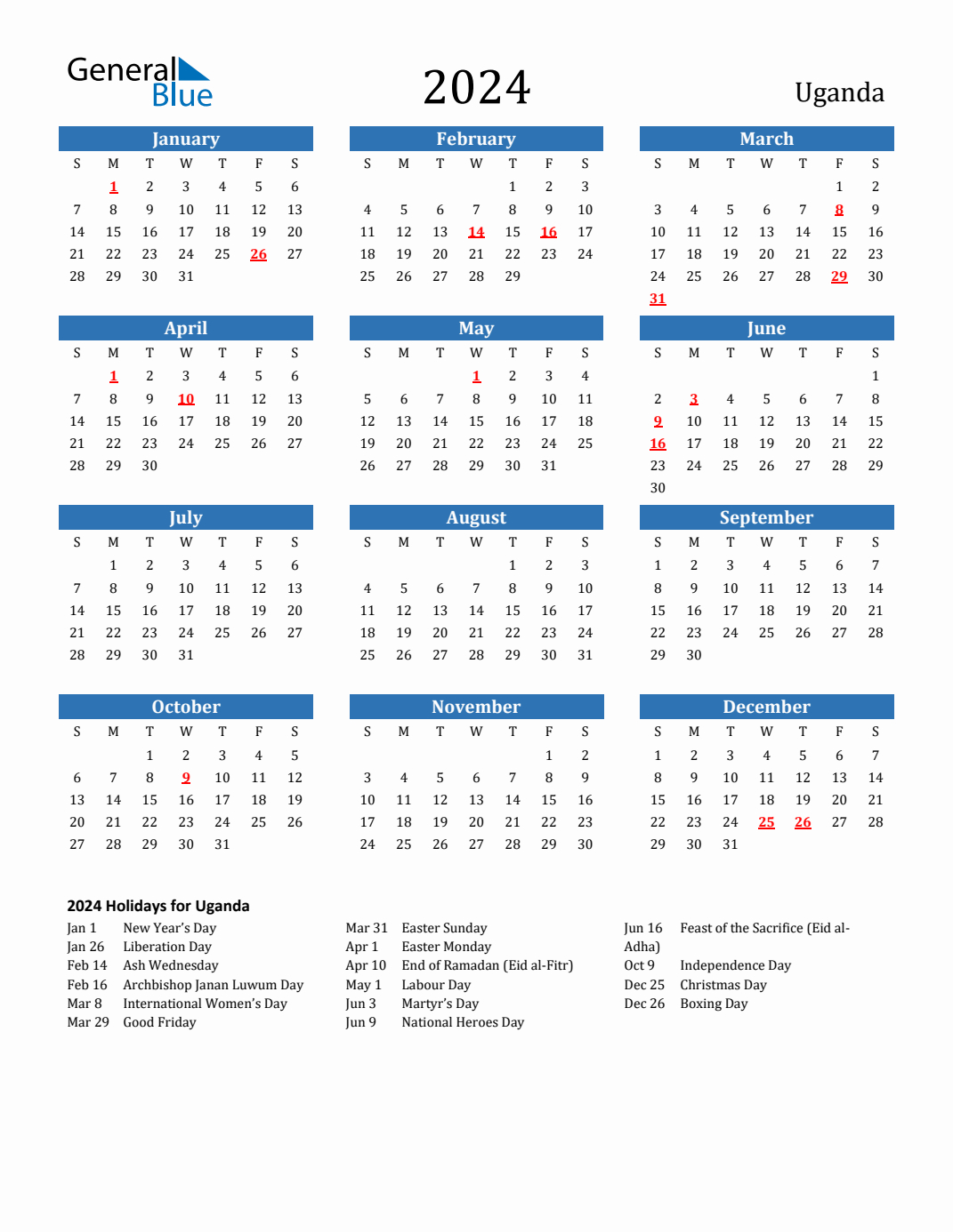 2024 Uganda Calendar With Holidays | School Calendar 2024 Uganda Printable