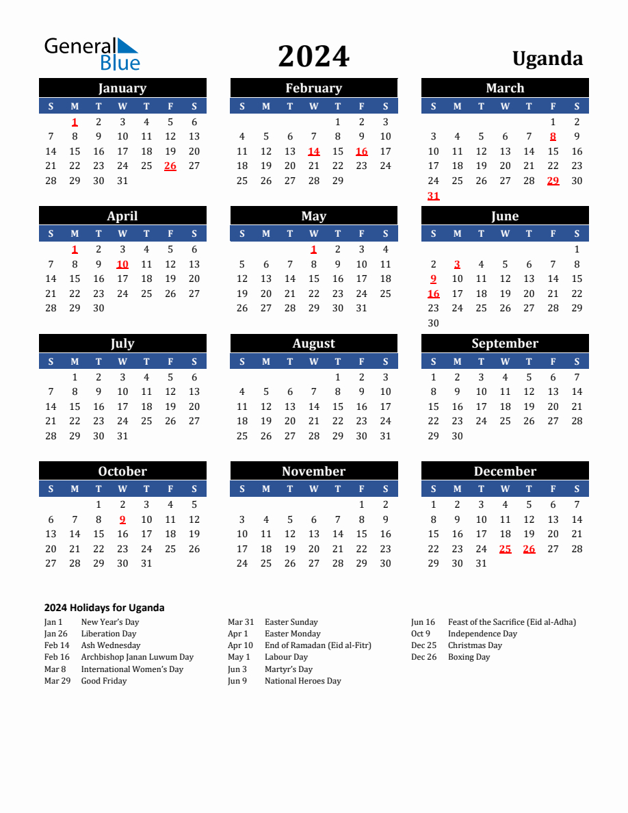 School Calendar 2024 Uganda Printable | Printable Calendar 2024