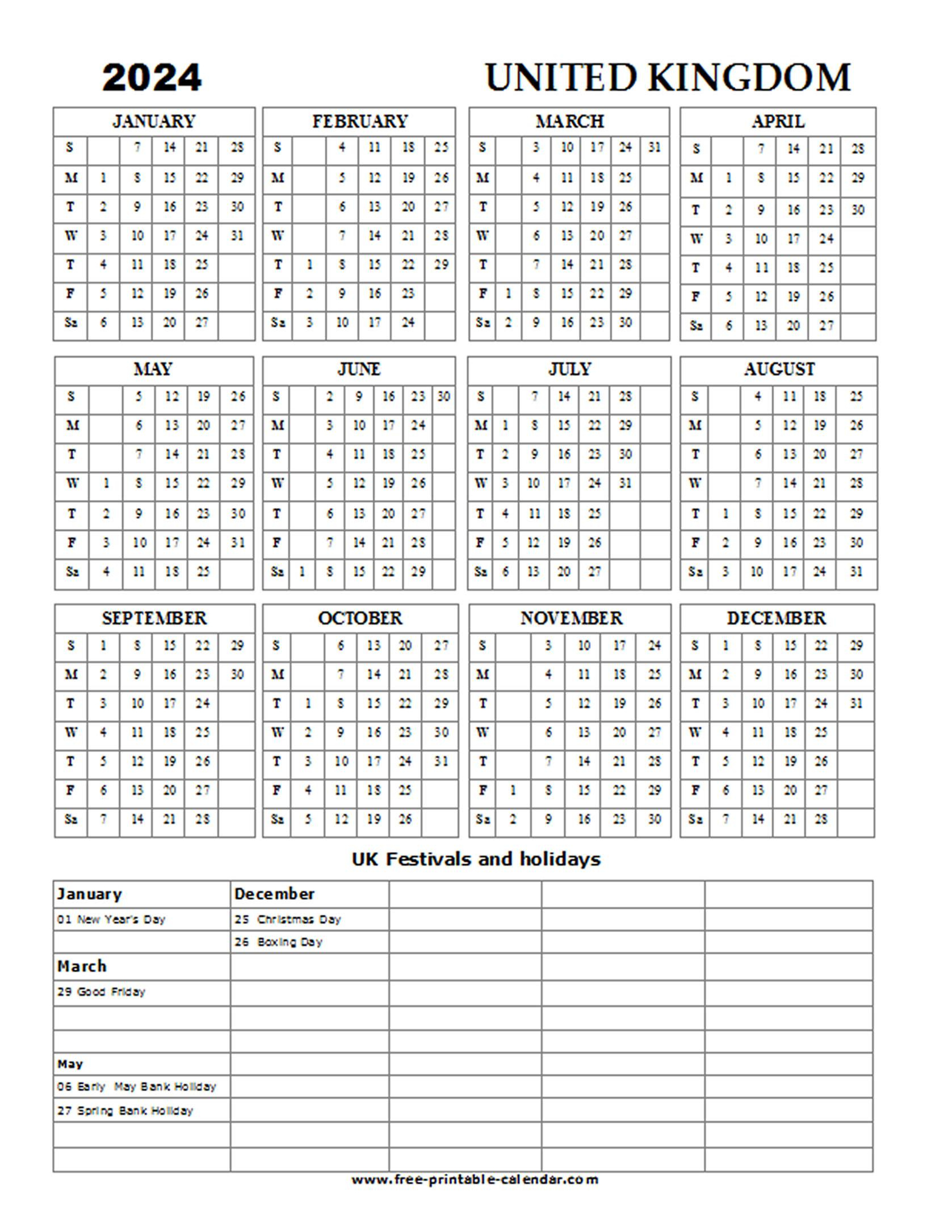 Printable Calendar 2024 UK Free Printable Calendar 2024