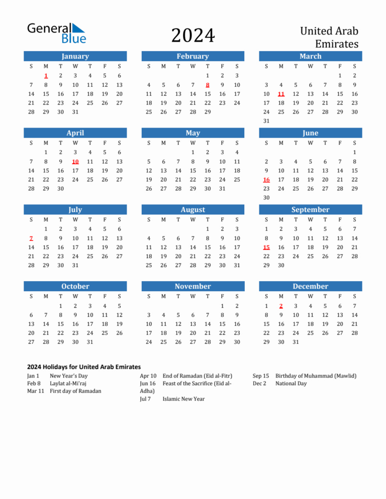 2024 United Arab Emirates Calendar With Holidays | Printable Calendar 2024 UAE