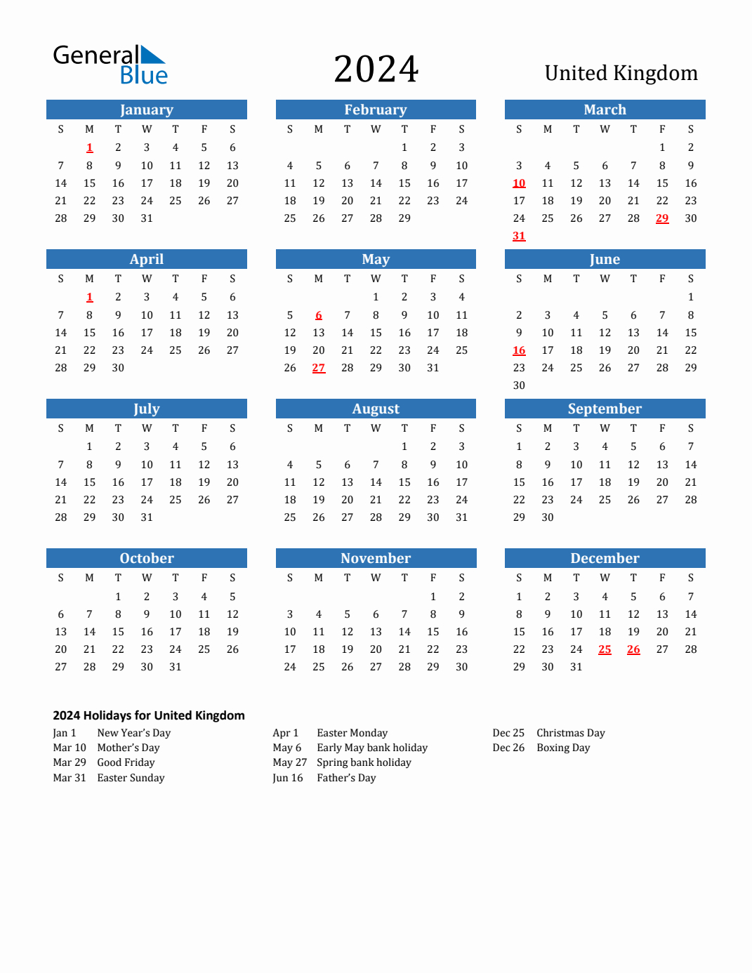 2024 United Kingdom Calendar With Holidays | 2024 Calendar Printable Uk Free Download