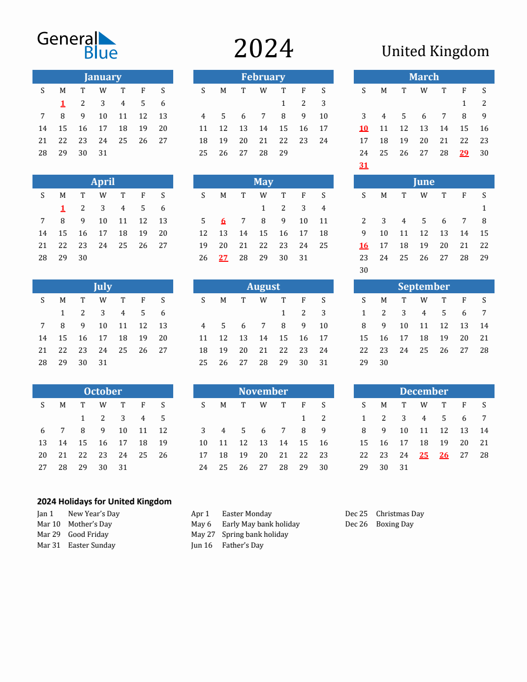 2024 United Kingdom Calendar With Holidays | 2024 Year Calendar Uk