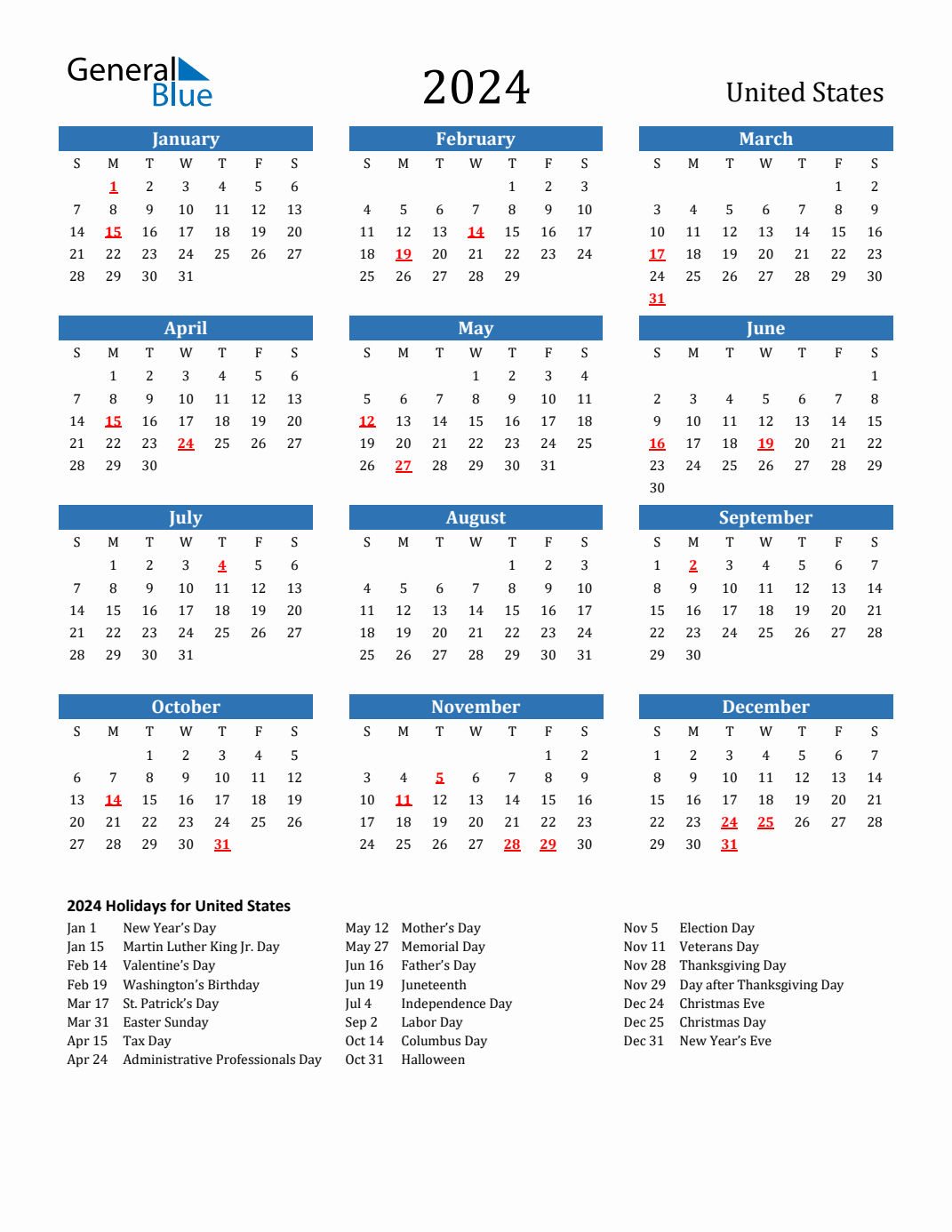 2024 United States Calendar With Holidays | 2024 Monthly Calendar Printable General Blue