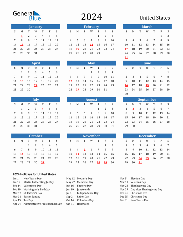 2024 United States Calendar With Holidays | Free Printable Calendar 2024 Usa