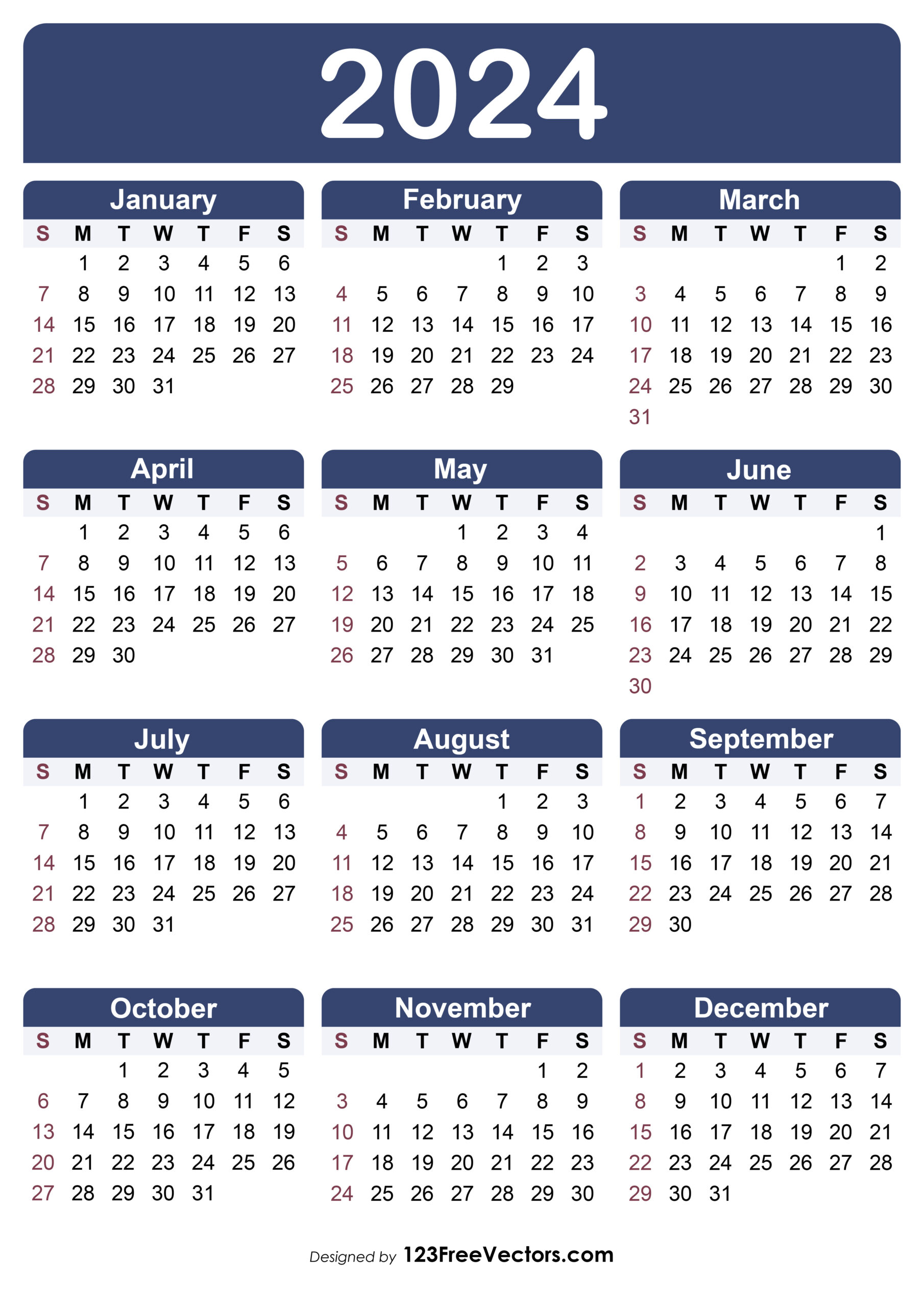 2024 Wall Calendar Templates: 48 Free Printables And Editable Ai | Download Printable Calendar 2024