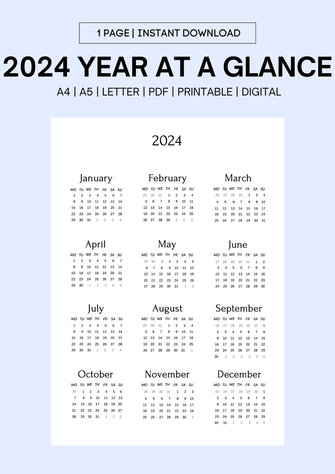 2024 Wall Calendar Year At A Glance 2024 Calendar Minimal - Etsy | 2024 Yearly Calendar At A Glance