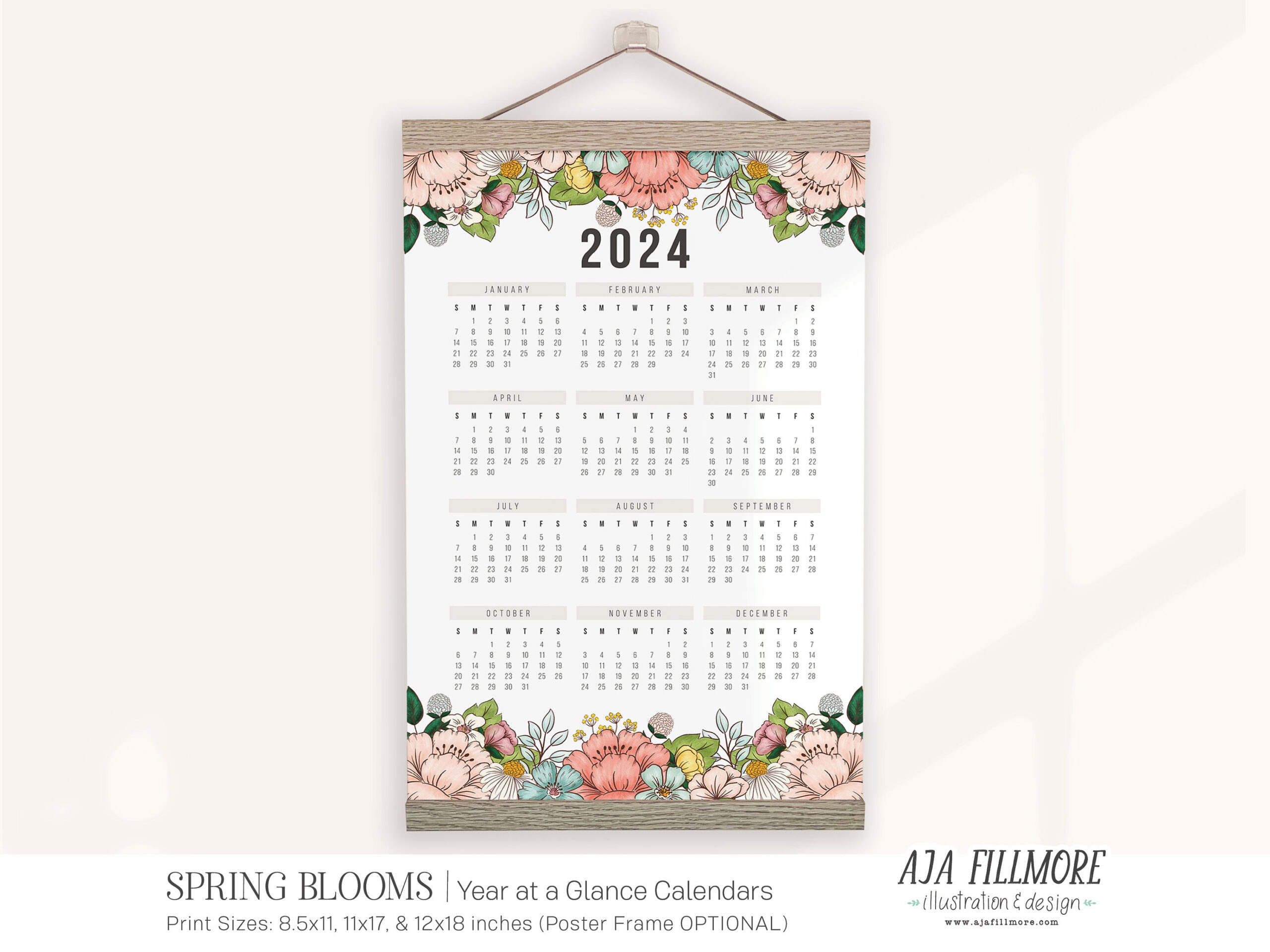 2024 Year At A Glance Calendar Year At A Glance Calendar - Etsy | Printable Calendar 2024 Waterproof Paper