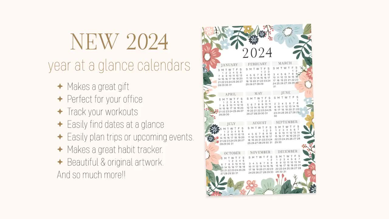 2024 Year At A Glance Calendar | Year At A Glance Calendar Makes A Great  Gift For The Home, Yearly Calendar, Wall Calendar, 2024 Calendar | Printable Calendar 2024 Waterproof Paper