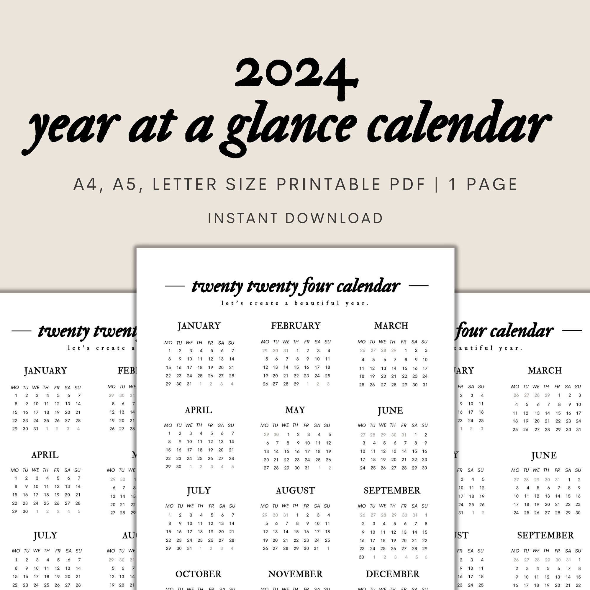 2024 Year At A Glance Printable 2024 Calendar Printable 2024 - Etsy | Year At A Glance Printable Calendar 2024