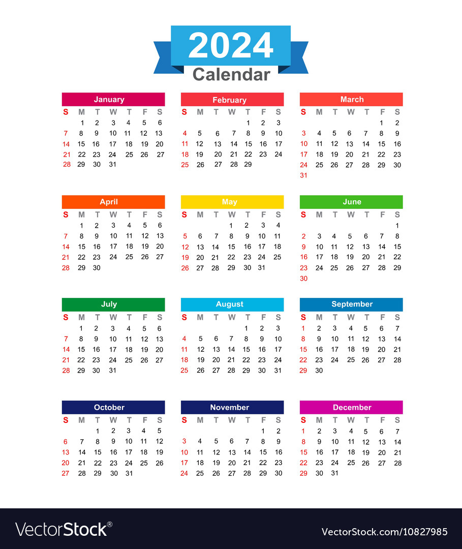 2024 Year Calendar Isolated On White Background Vector Image | 2024 Year Calendar