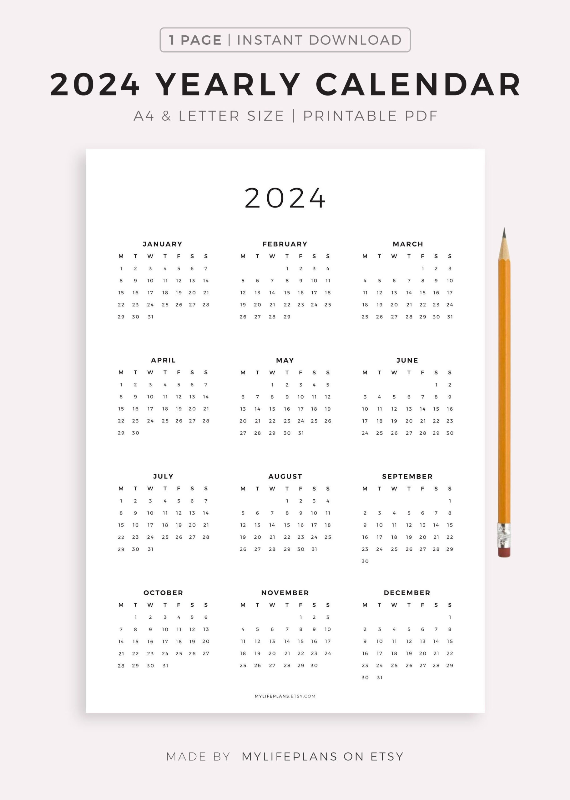2024 Year Calendar Printable Yearly Wall Calendar Desk - Etsy Israel | A4 Yearly Calendar 2024 Printable