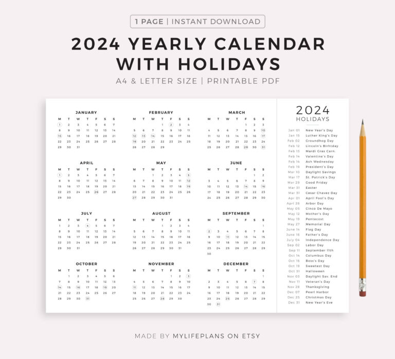 2024 Year Calendar With Holidays On One Page Printable - Etsy | 2024 Calendar With Holidays Hong Kong Printable