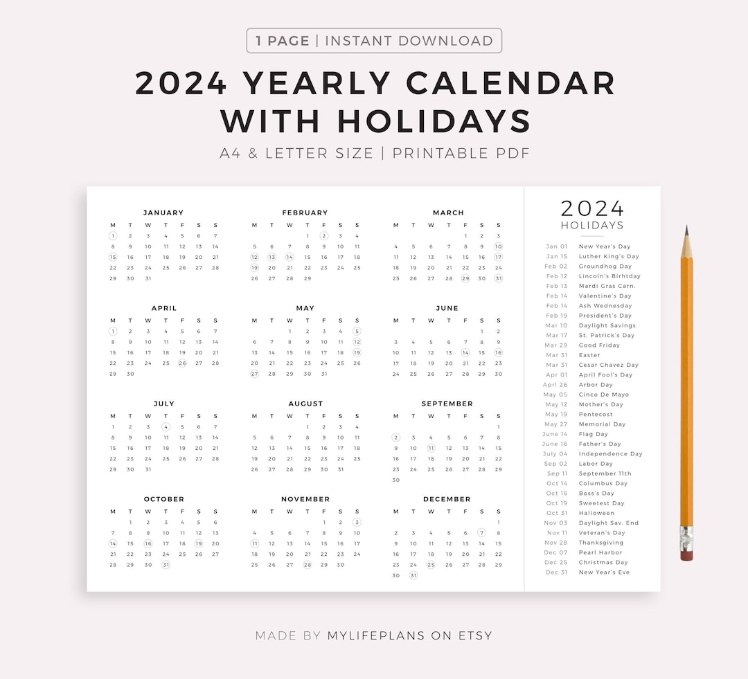 2024 Year Calendar With Holidays On One Page Printable - Etsy Israel | Printable Calendar 2024 Myanmar
