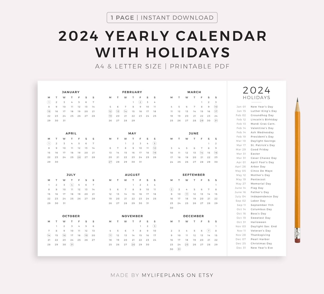 2024 Year Calendar With Holidays On One Page Printable - Etsy New Zealand | 2024 Calendar With Holidays Nz Printable Free