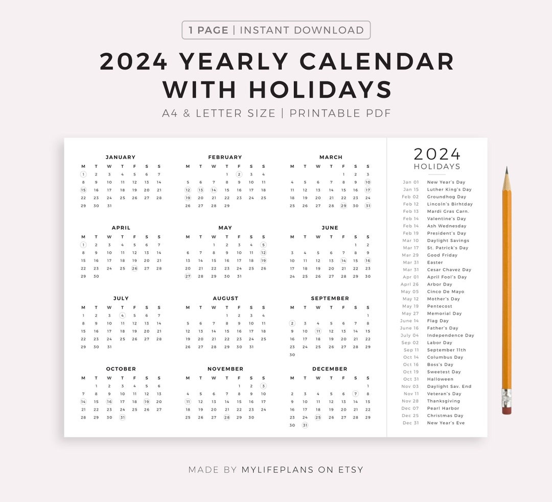 2024 Year Calendar With Holidays On One Page Printable - Etsy Norway | Printable Calendar 2024 Malaysia Public Holiday