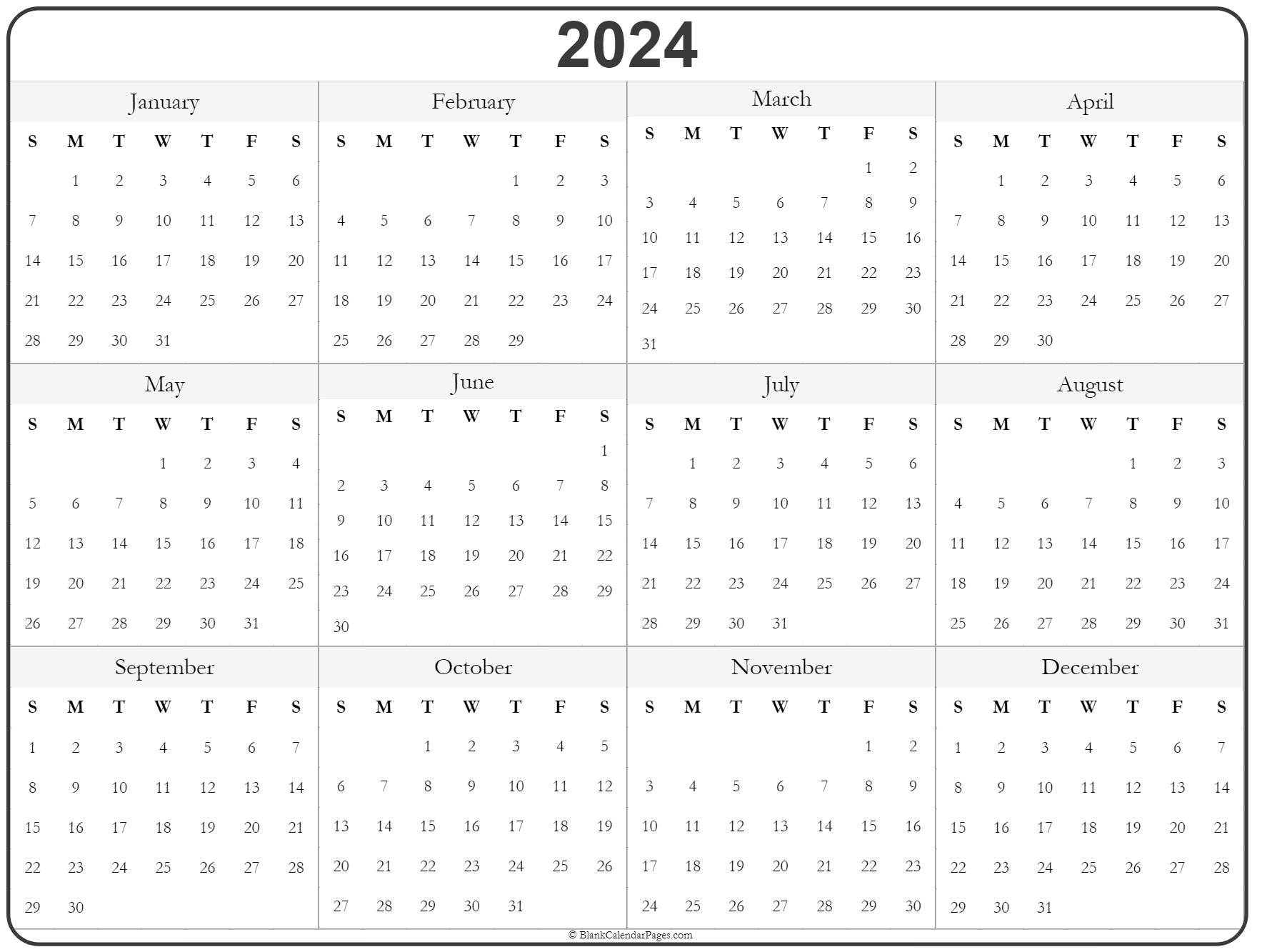 2024 Year Calendar | Yearly Printable | 2024 Annual Calendar Template