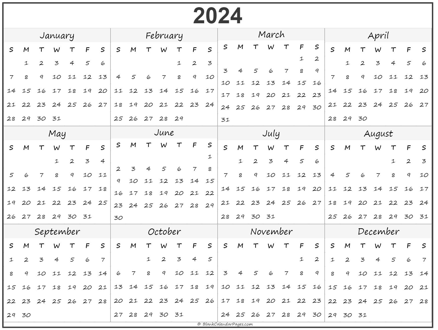 2024 Year Calendar | Yearly Printable | 2024 Blank Yearly Calendar Template