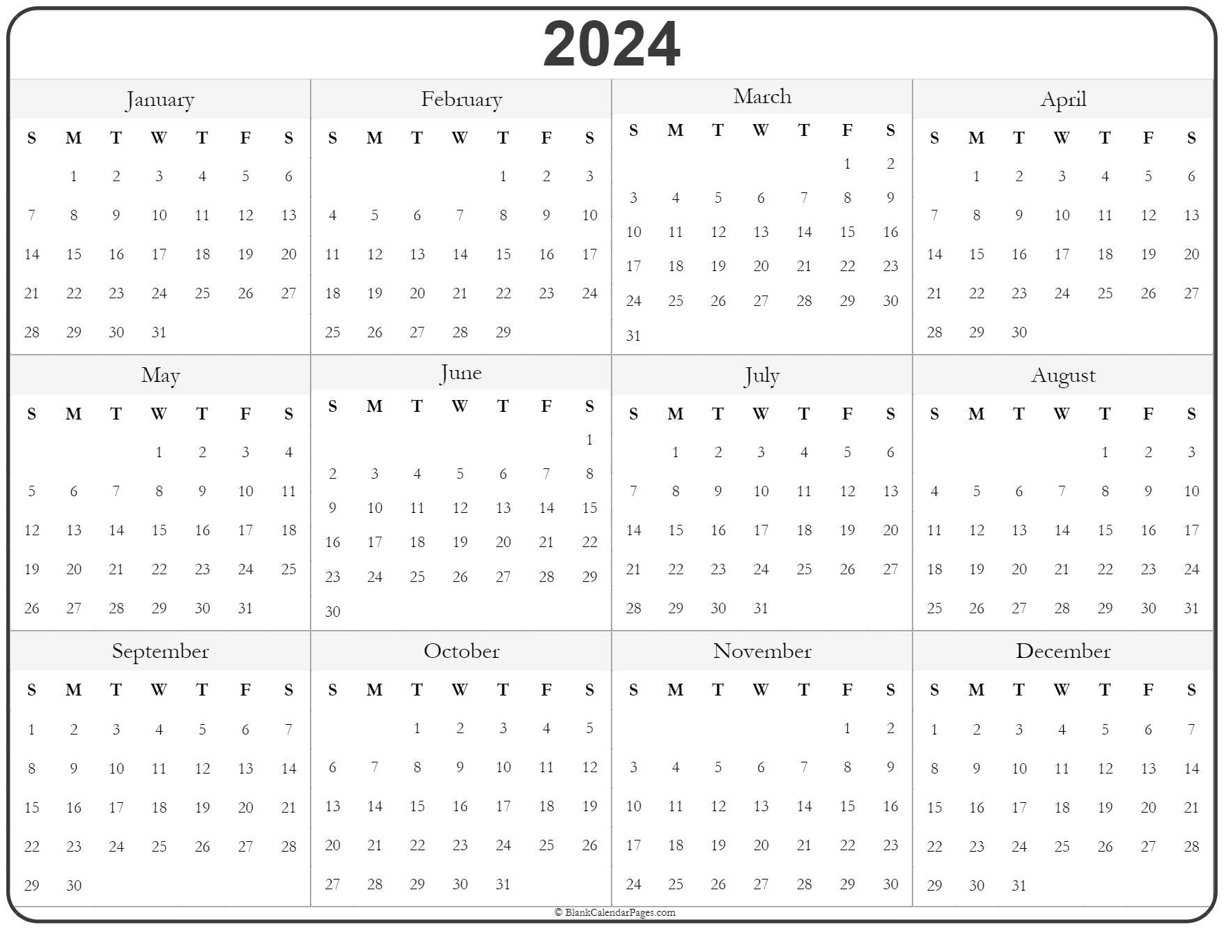 2024 Year Calendar | Yearly Printable | 2024 Calendar At A Glance Printable