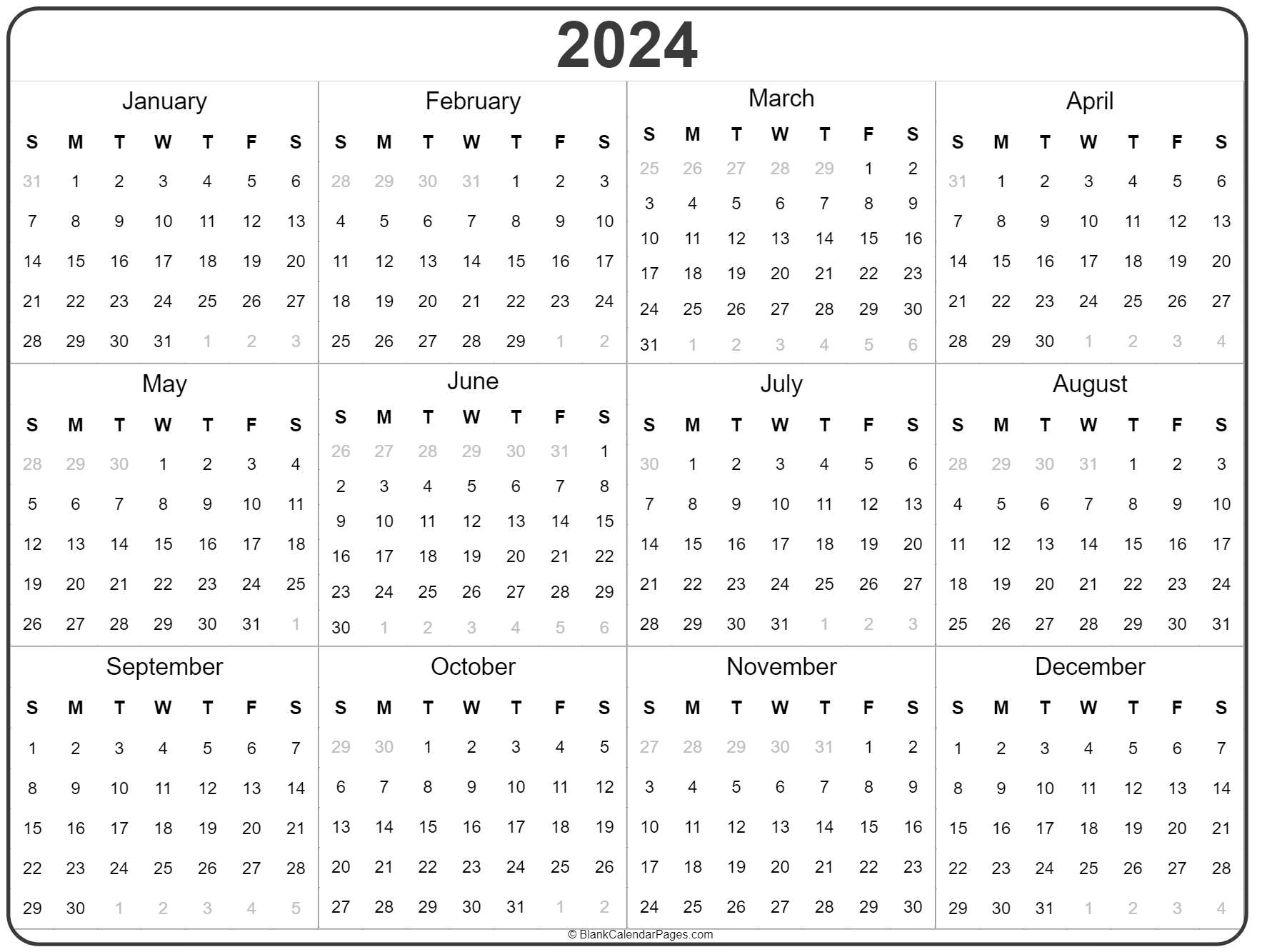 2024 Year Calendar | Yearly Printable | 2024 Calendar at a Glance Printable