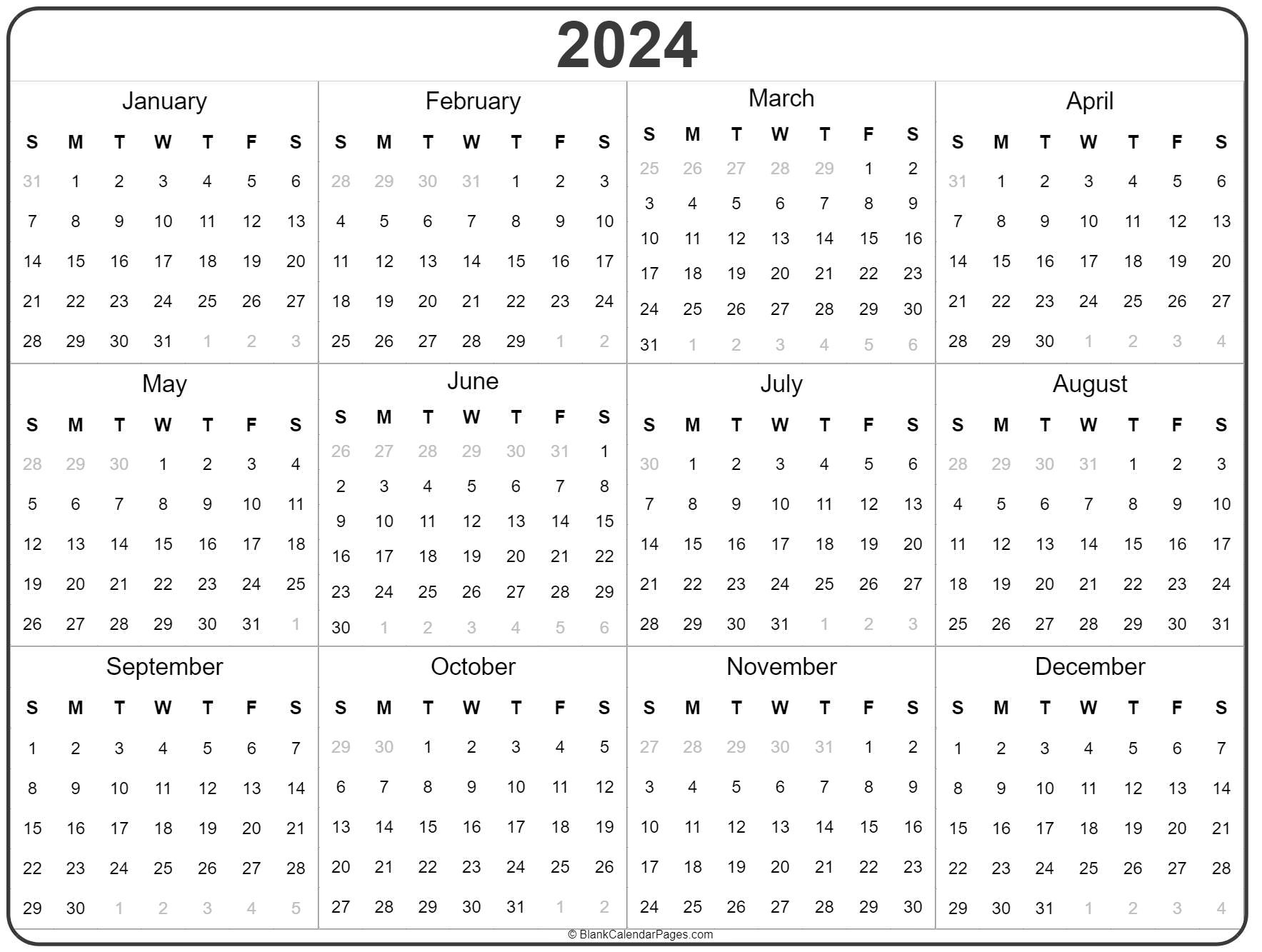 2024 Year Calendar | Yearly Printable | 2024 Calendar Year At A Glance Printable