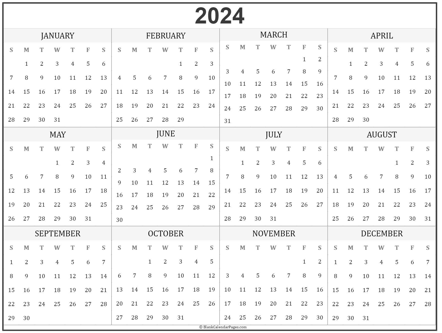 2024 Year Calendar | Yearly Printable | Yearly Overview Calendar 2024