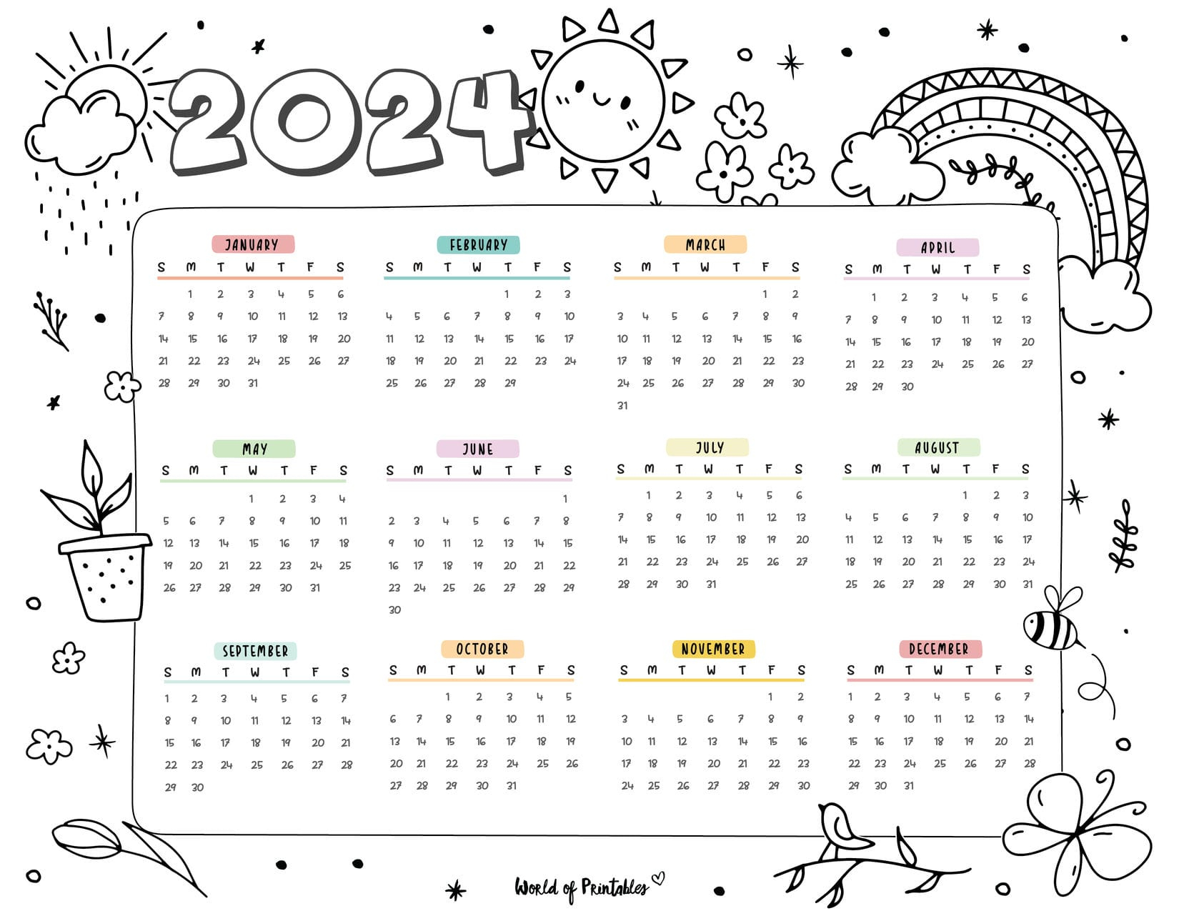 2024 Year Calendars - 70 Best Printables - World Of Printables | 2024 Year Long Calendar