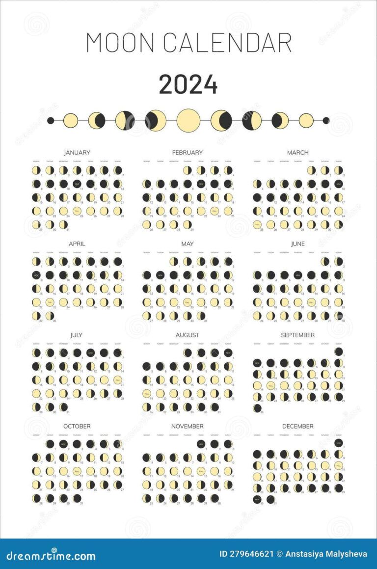 2024 Year Moon Calendar Template, Moonlight Activity Stages | Lunar Calendar 2024 Printable