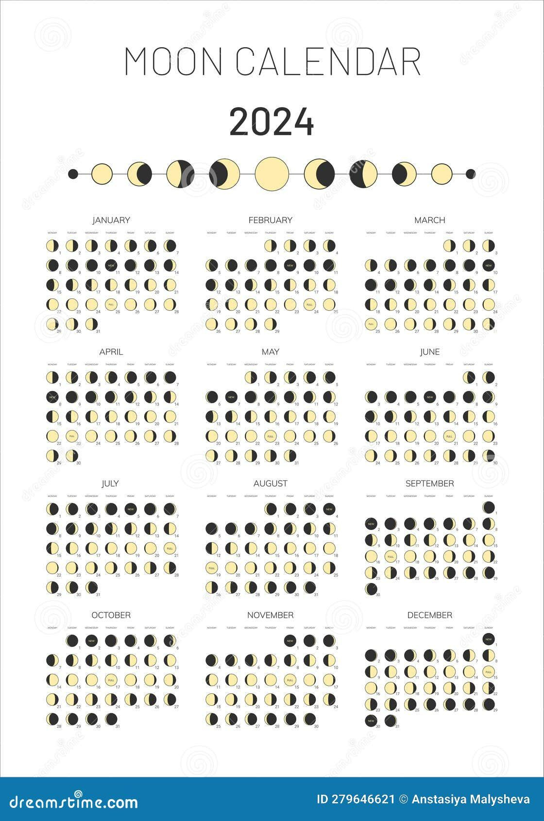 2024 Year Moon Calendar Template, Moonlight Activity Stages | Lunar Calendar 2024 Printable