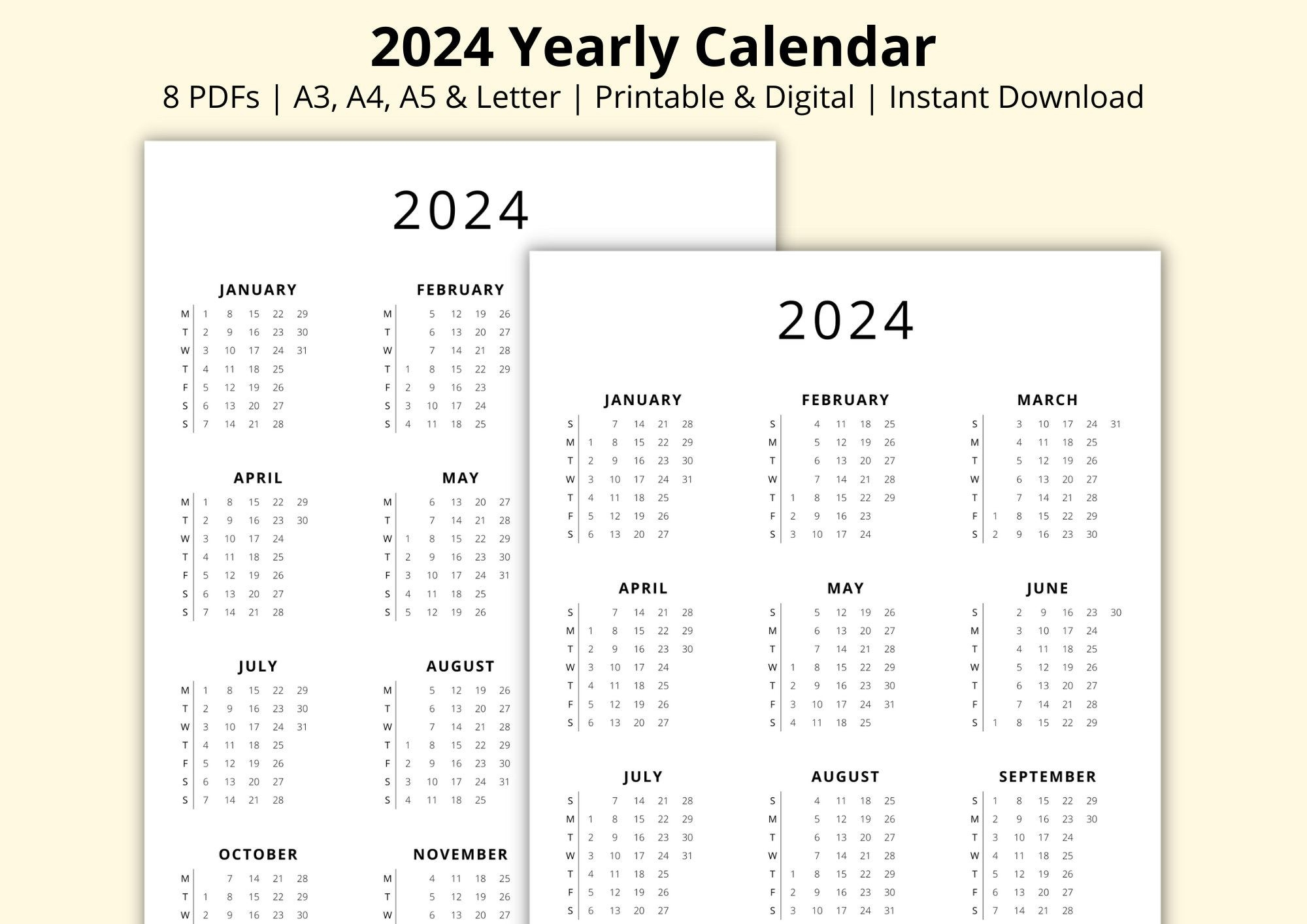 2024 Yearly Calendar 2024 Calendar Download Year At A Glance | Calendar 2024 Printable A3