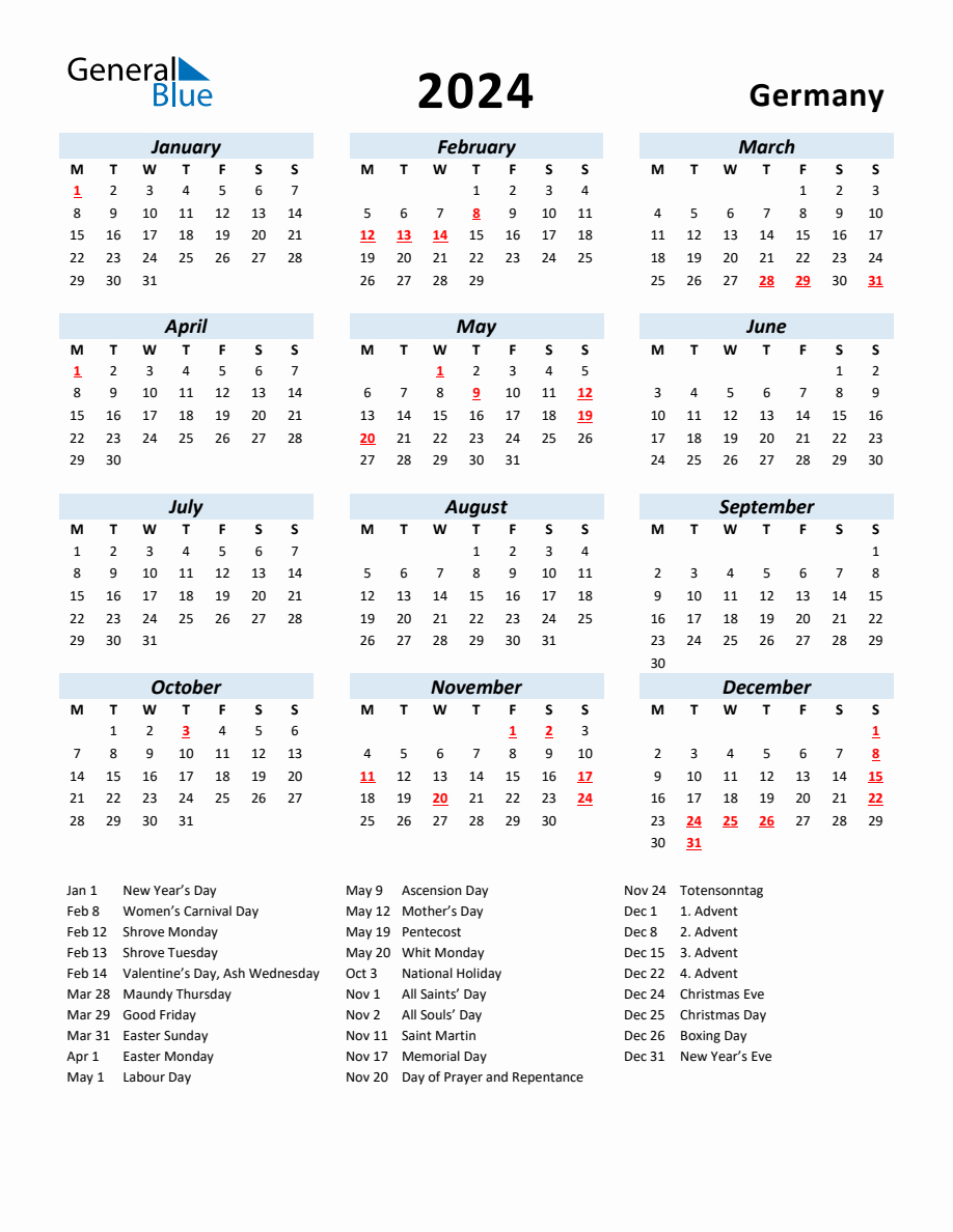 2024 Yearly Calendar For Germany With Holidays | Printable Calendar 2024 Germany