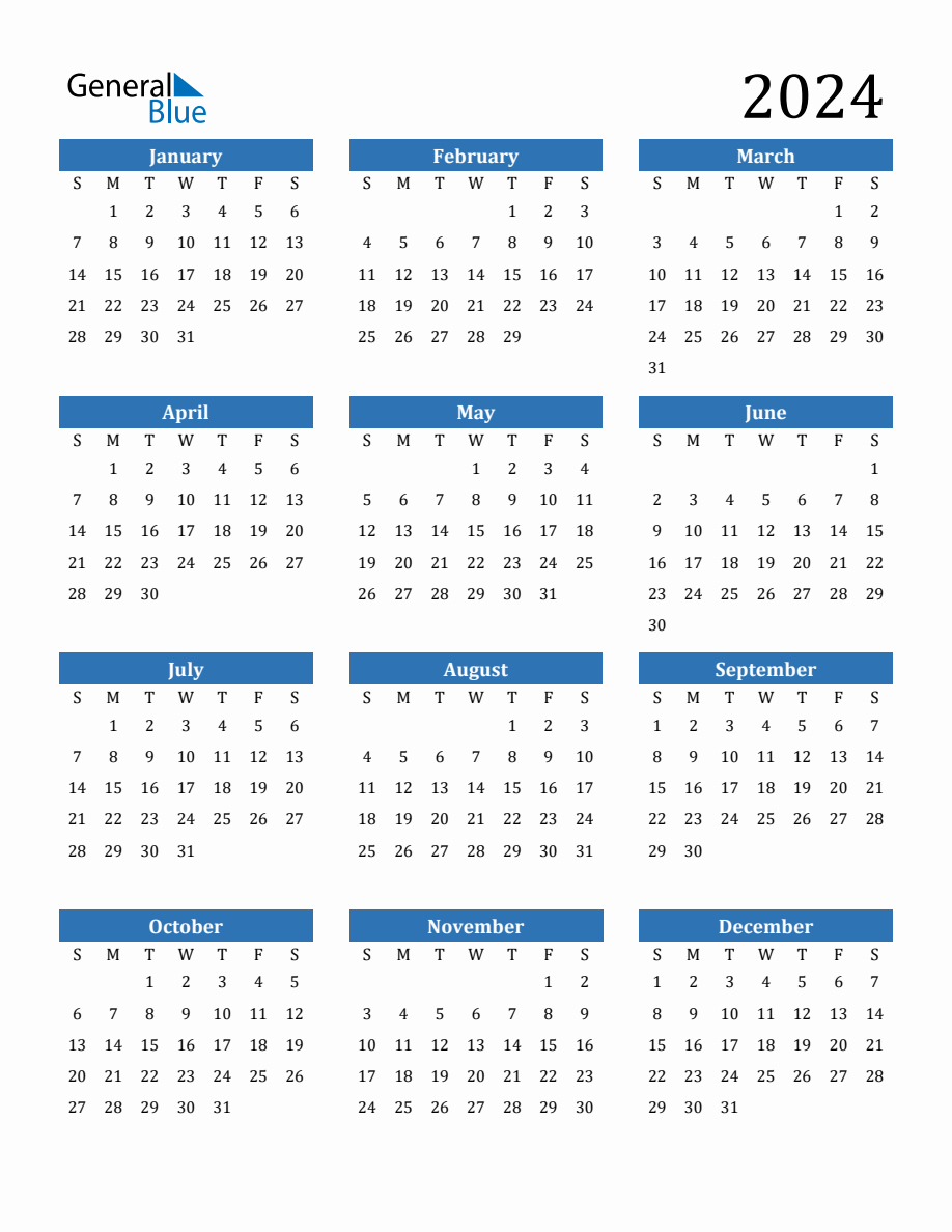 2024 Yearly Calendar | Free Printable Calendar 2024 General Blue