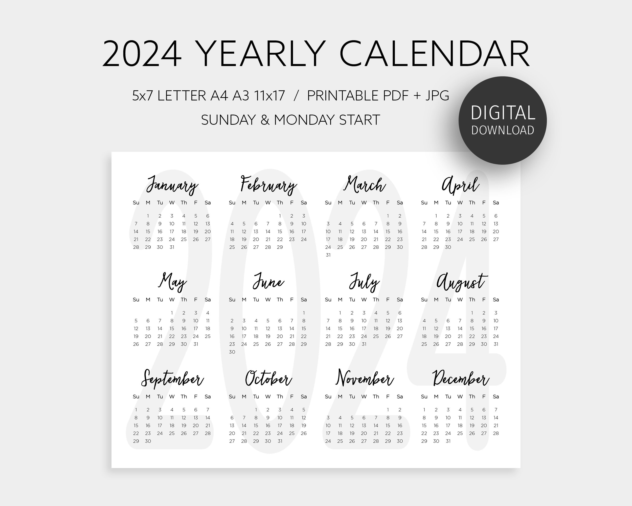 2024 Yearly Calendar Printable Annual Calendar Year At A - Etsy | 2024 Printable Calendar 11X17