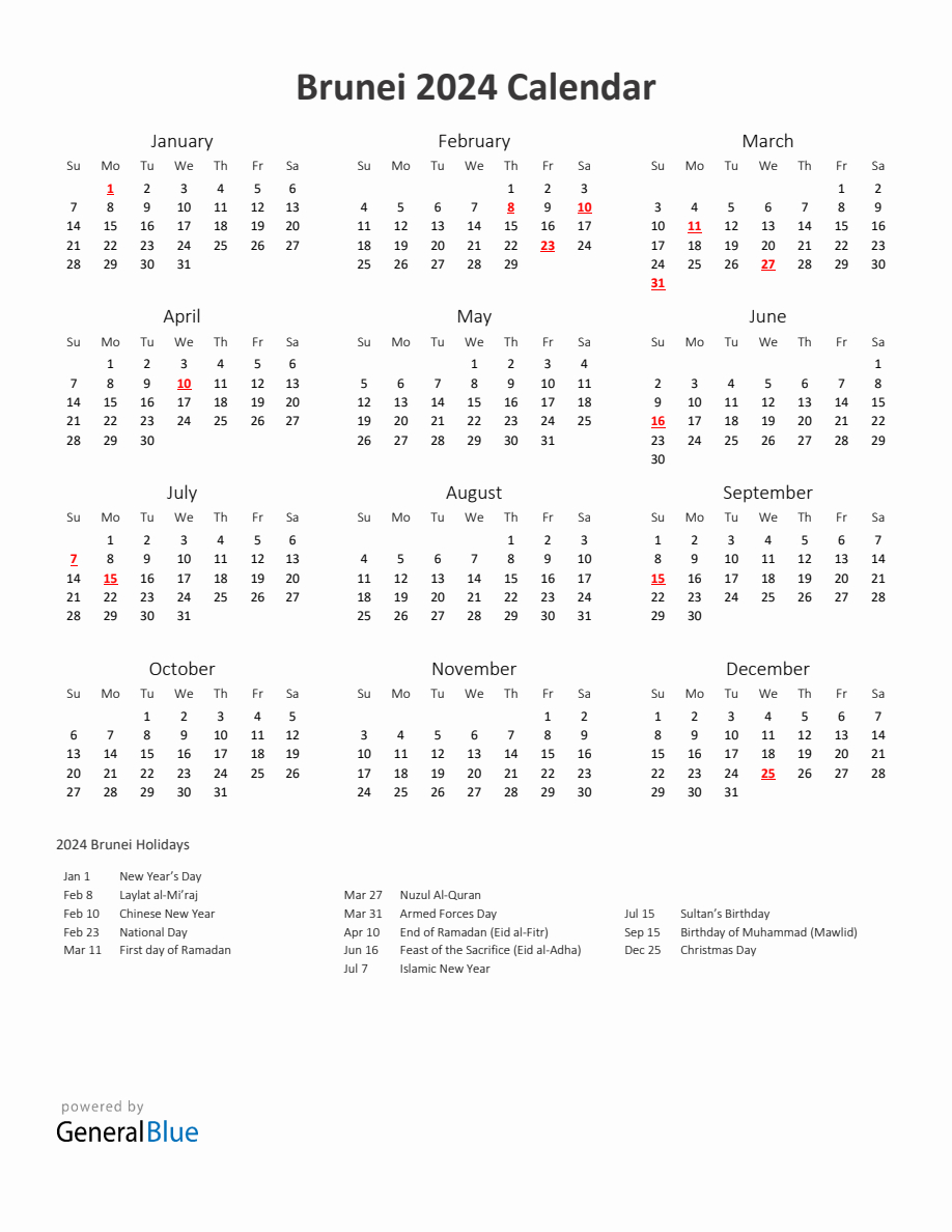 2024 Yearly Calendar Printable With Brunei Holidays | Printable Calendar 2024 Brunei