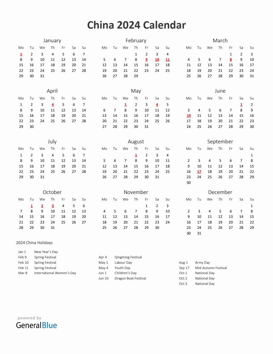 2024 Yearly Calendar Printable With China Holidays | 2024 Calendar Hong Kong Printable