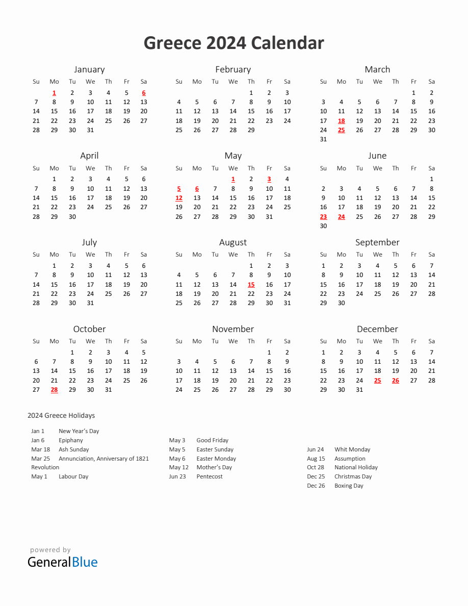 2024 Yearly Calendar Printable With Greece Holidays | Timeanddate Printable Calendar 2024