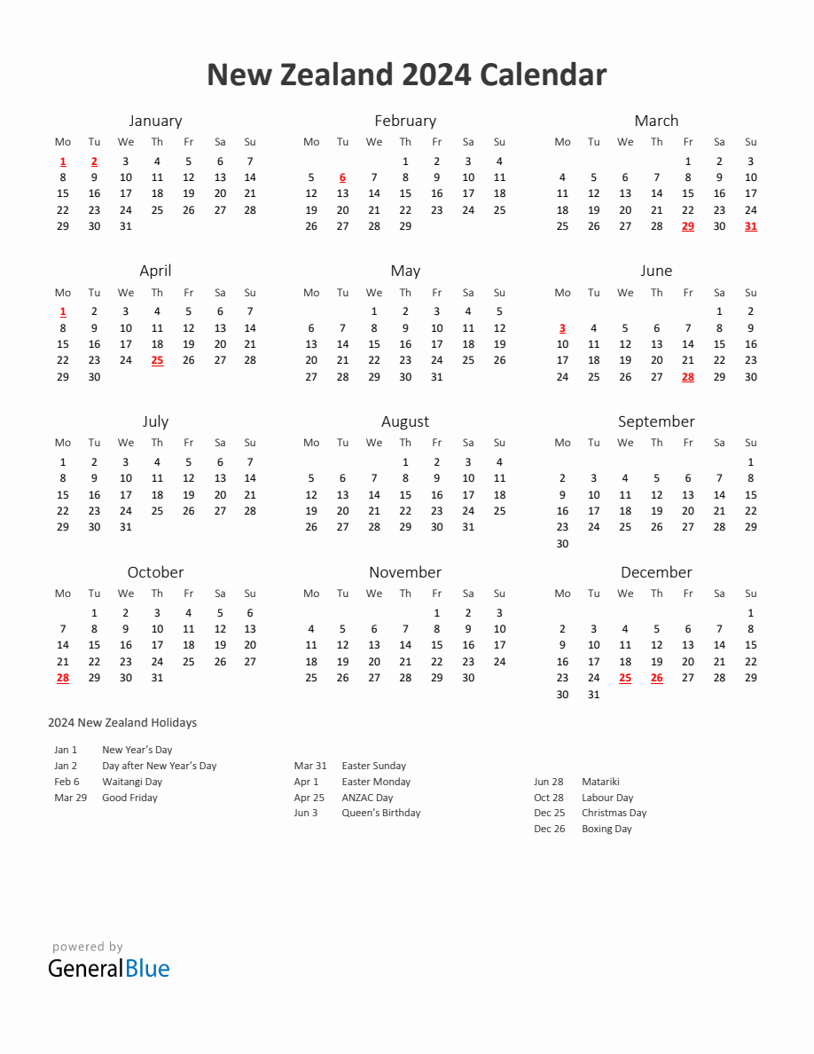 2024 Yearly Calendar Printable With New Zealand Holidays | 2024 Calendar With Holidays Nz Printable Free