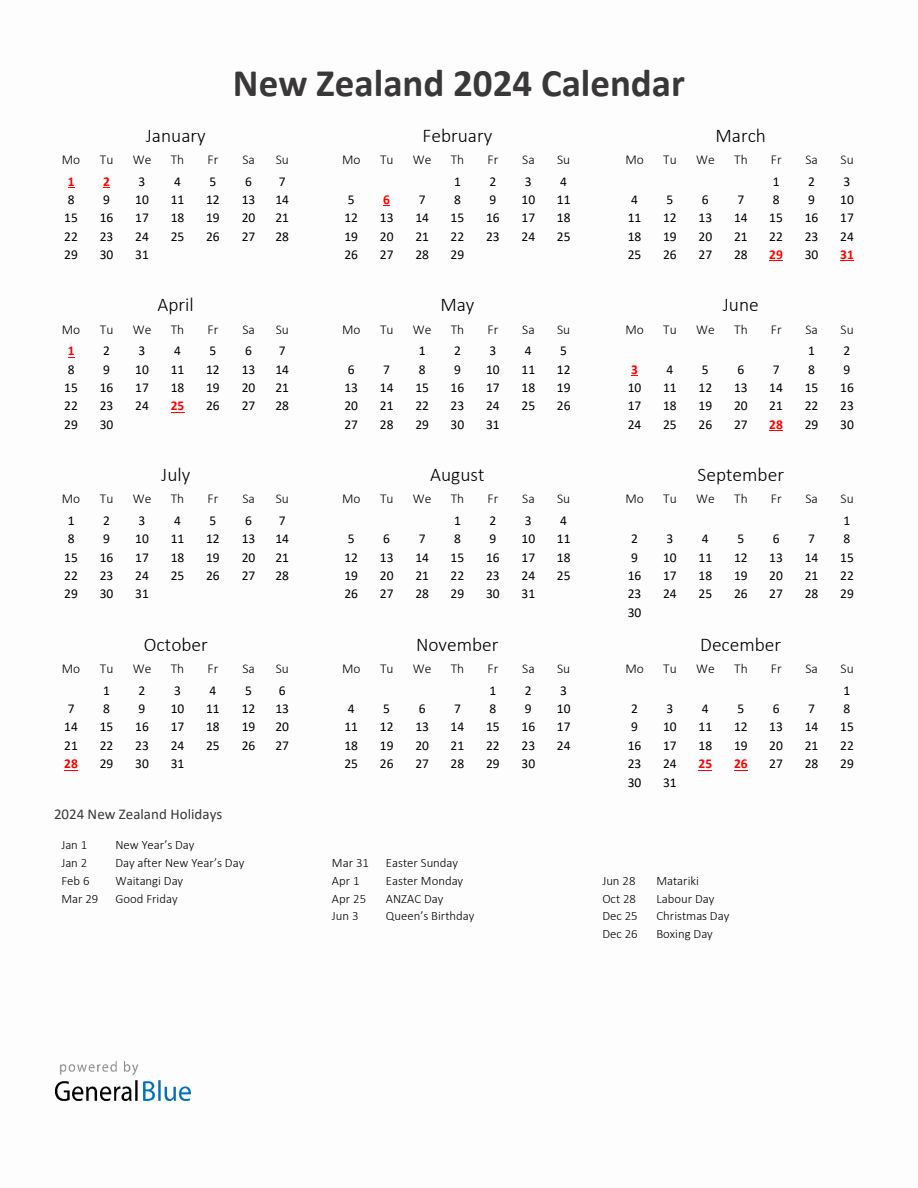 2024 Yearly Calendar Printable With New Zealand Holidays | Free Printable Calendar 2024 Nz